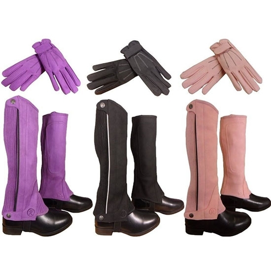 New Horse Riding Amara Suede Adults Half Chaps And Matching Gloves